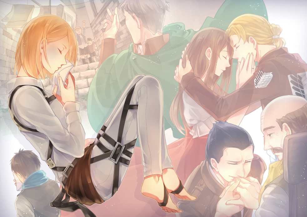 1girl auruo_bossard black_hair blonde_hair brown_hair child daughter erd_gin family father father_and_daughter father_and_son gunter_shulz harness kids kiss kodansha multiple_boys petra_ral shingeki_no_kyojin short_hair son uniform