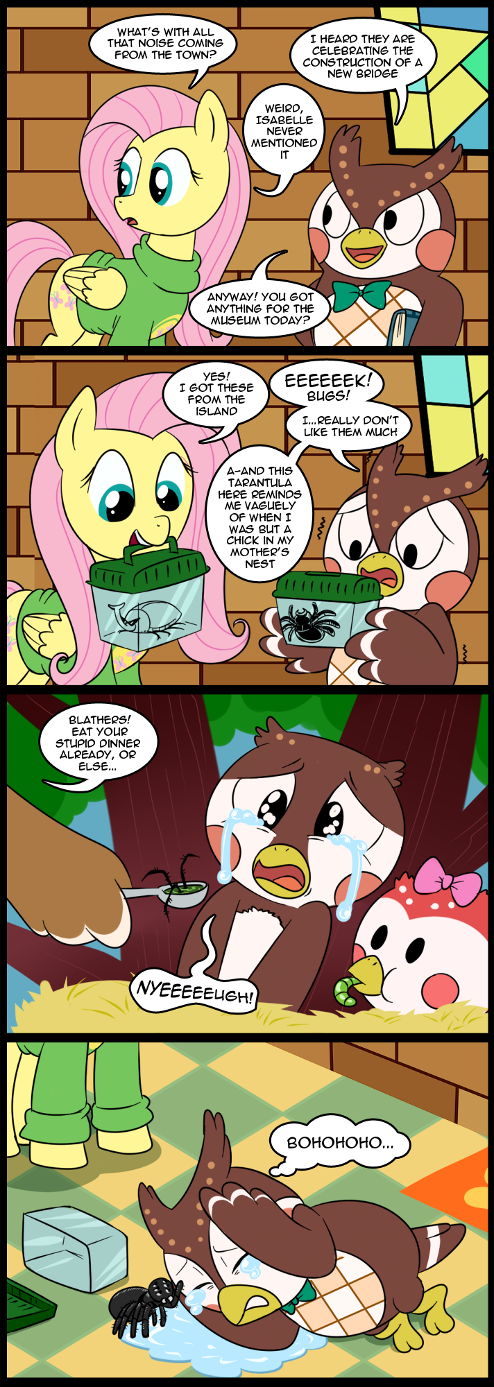 arachnid arthropod avian blue_eyes book bow_tie clothing comic crying cute cutie_mark dialog english_text equine female feral fluttershy_(mlp) food friendship_is_magic fur hair horse long_hair looking_back madmax mammal my_little_pony nintendo open_mouth owl pink_hair pony spider spoon sweater tarantula tears text tongue video_games wings worm yellow_fur