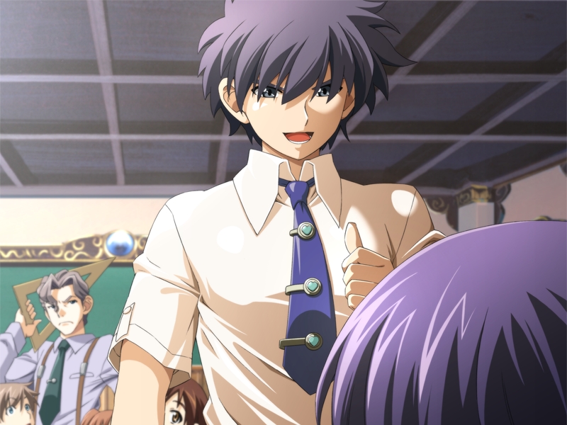 1boy 1girl edelweiss edelweiss_eiden_fantasia game_cg haruma_kazushi purple_hair school_uniform takase_sakura uniform