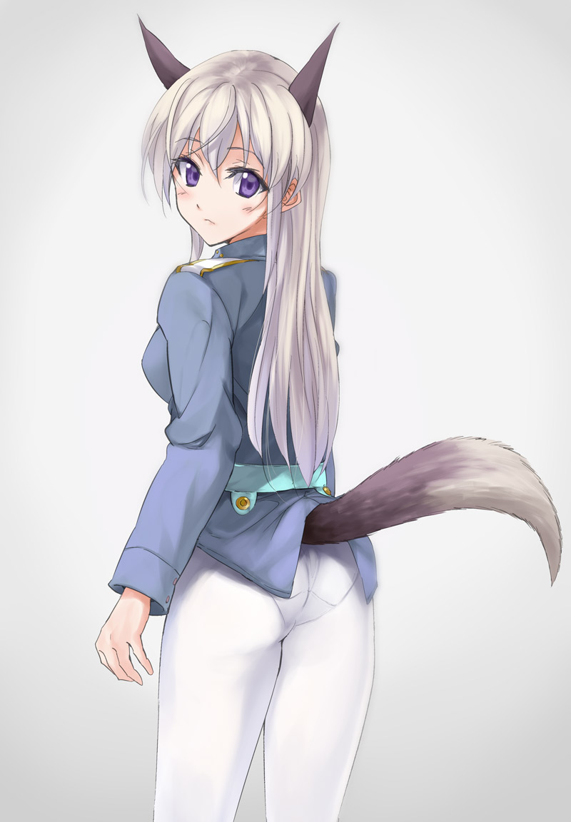 animal_ears ass blush eila_ilmatar_juutilainen grey_background kabocha_(monkey4) long_hair looking_at_viewer looking_back military military_uniform panties panties_under_pantyhose pantyhose purple_eyes silver_hair solo strike_witches tail underwear uniform white_legwear world_witches_series