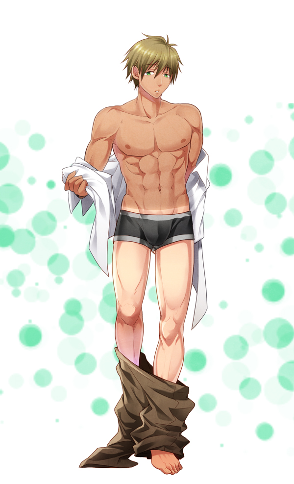 abs boxer_briefs brown_hair bulge free! full_body green_eyes holiday-jin male_focus male_underwear polka_dot polka_dot_background shorts_tan solo tachibana_makoto tan tanline underwear undressing