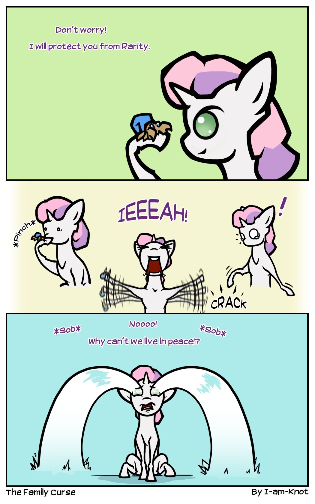 arthropod blue_eyes claws comic crab crustacean crying cub dialog english_text equine female feral friendship_is_magic fur green_eyes hair horn horse i-am-knot long_hair mammal marine my_little_pony open_mouth pony purple_hair sitting smile sweetie_belle_(mlp) tears teeth text two_tone_hair unicorn white_fur young