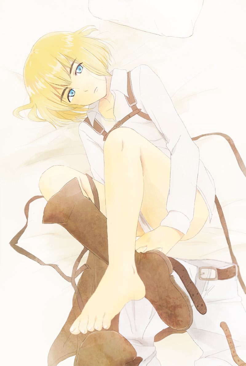 armin_arlert bad_id bad_pixiv_id barefoot belt blonde_hair blue_eyes boots buckle clothes_removed domoeba long_sleeves lying male_focus on_bed on_side pillow shingeki_no_kyojin shoes single_shoe solo undressing