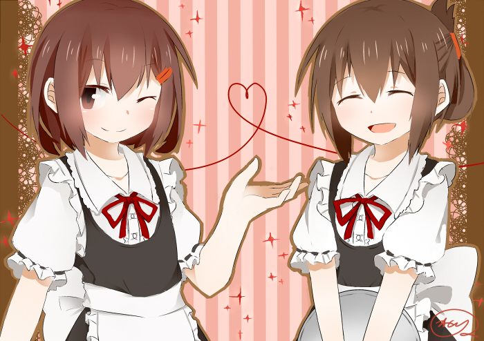 alternate_costume bad_id bad_pixiv_id blush brown_eyes brown_hair closed_eyes enmaided folded_ponytail heart ikazuchi_(kantai_collection) inazuma_(kantai_collection) kantai_collection katori_(quietude) maid multiple_girls one_eye_closed open_mouth ribbon short_hair smile thread