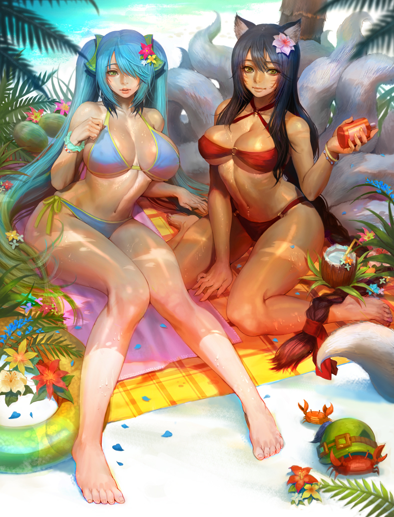 ahri animal_ears barefoot beach bikini blue_bikini blue_hair braid breasts cleavage coconut facial_mark flower fox_ears fox_tail fruit_cup green_eyes hair_flower hair_ornament hair_over_one_eye huge_breasts large_breasts league_of_legends long_hair looking_at_viewer multiple_girls navel o-ring o-ring_bottom o-ring_top red_bikini shade shiny shiny_skin side-tie_bikini sitting skindentation sona_buvelle swimsuit taemin_park tail toes tropical_drink twintails underboob very_long_hair wariza whisker_markings whiskers