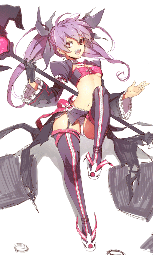:d aisha_(elsword) angkor_(elsword) bad_id bad_pixiv_id black_gloves boots choker elsword garter_straps gloves holding holding_wand leg_up limble long_hair midriff navel open_mouth panties pantyshot polearm puffy_sleeves purple_footwear purple_hair purple_legwear purple_skirt purple_sleeves single_glove sketch skirt skirt_lift smile solo strapless thigh_boots thighhighs tubetop twintails underwear void_princess_(elsword) wand weapon white_panties