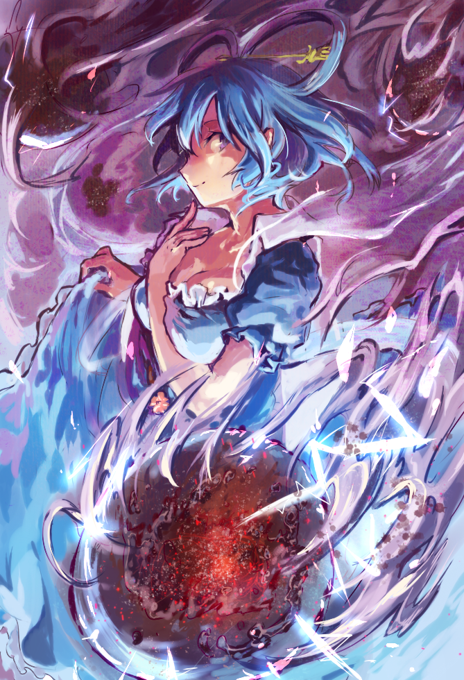 bad_id bad_pixiv_id blue_eyes blue_hair breasts cleavage dress finger_to_chin grin hair_ornament hair_rings hair_stick hutaba123 kaku_seiga large_breasts smile solo touhou