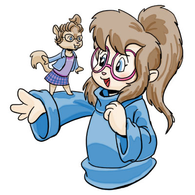 anthro blue_eyes brown_fur brown_hair chipettes chipmunk cute duo eyewear fur glasses hair human jeanette_miller mammal ponytail rodent size_difference