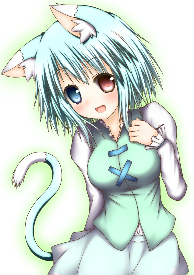 animal_ears arm_behind_back blue_eyes blue_hair blush breasts cat_ears cat_tail clenched_hand cowboy_shot hand_on_own_chest hestia_(neko_itachi) heterochromia looking_at_viewer medium_breasts open_mouth red_eyes short_hair skirt solo tail tatara_kogasa touhou vest