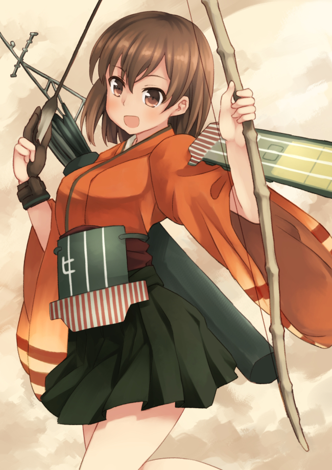 archery arrow blush bow_(weapon) brown_eyes brown_hair gloves hiryuu_(kantai_collection) japanese_clothes kantai_collection kouno_hikaru kyuudou looking_at_viewer partly_fingerless_gloves pleated_skirt quiver short_hair single_glove skirt smile solo weapon wide_sleeves yugake