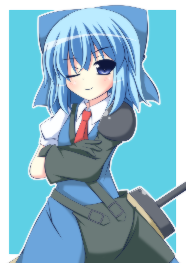 advent_cirno bag blue_background blue_dress blue_eyes blue_hair bow cirno crossed_arms dress gauntlets hair_bow looking_at_viewer masiromu one_eye_closed shirt short_sleeves smile solo touhou