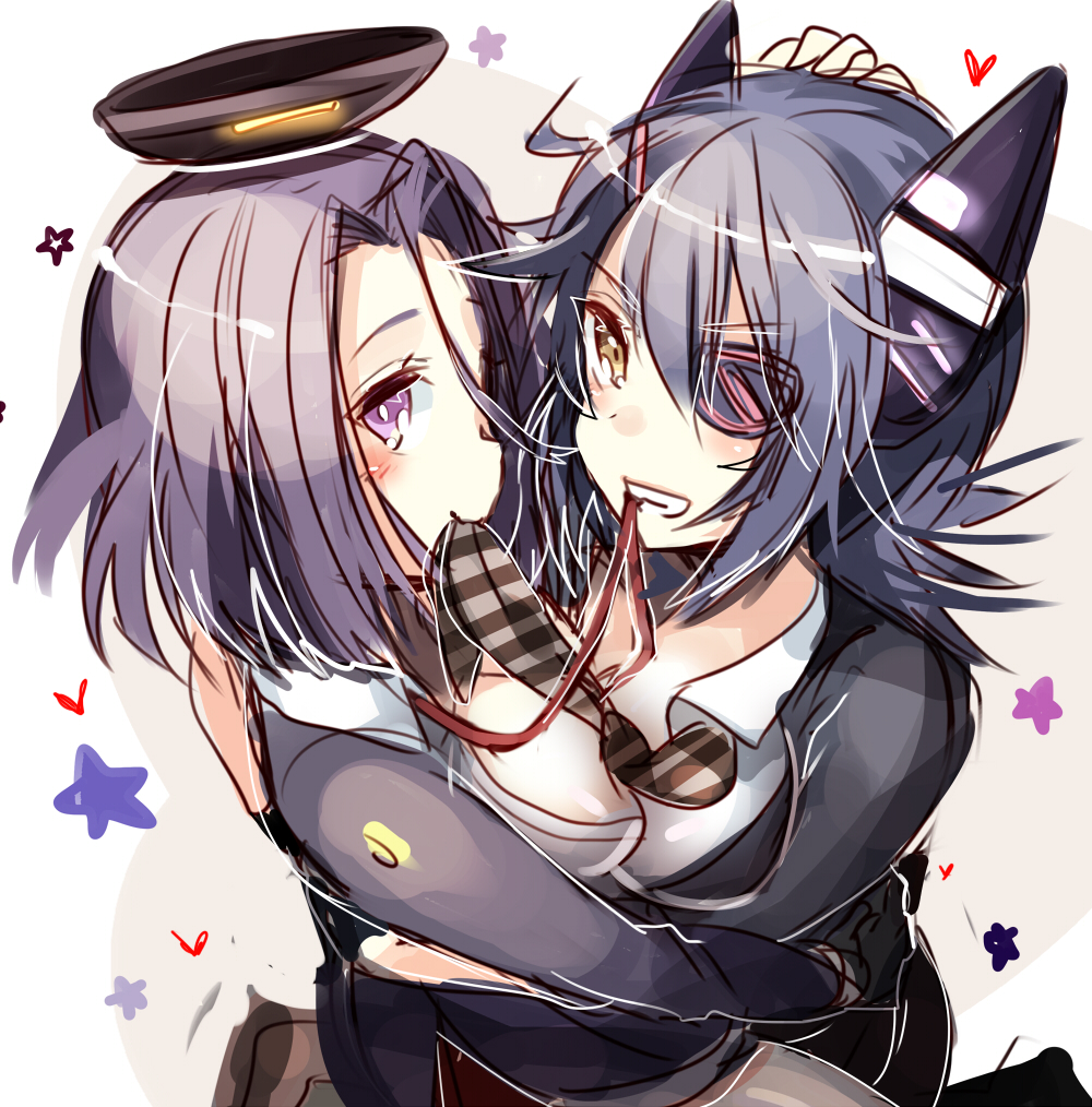 black_hair breasts eyepatch grin hair_ornament hand_on_another's_head heart hug kantai_collection looking_at_viewer mechanical_halo medium_breasts mouth_hold multiple_girls necktie nochita_shin purple_eyes purple_hair ribbon short_hair smile star tatsuta_(kantai_collection) tenryuu_(kantai_collection) yellow_eyes yuri