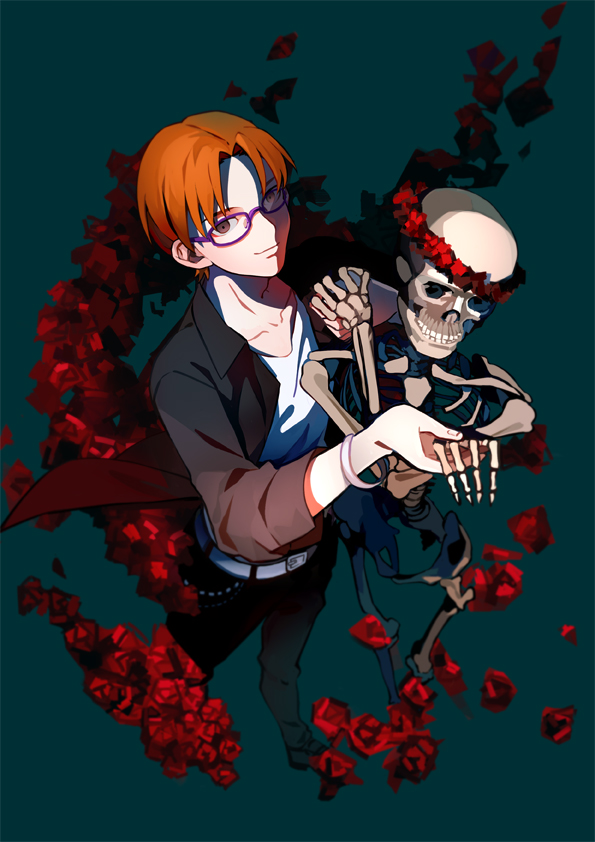 bespectacled fate/zero fate_(series) flower glasses head_wreath istkeinmal jacket orange_hair rose skeleton uryuu_ryuunosuke