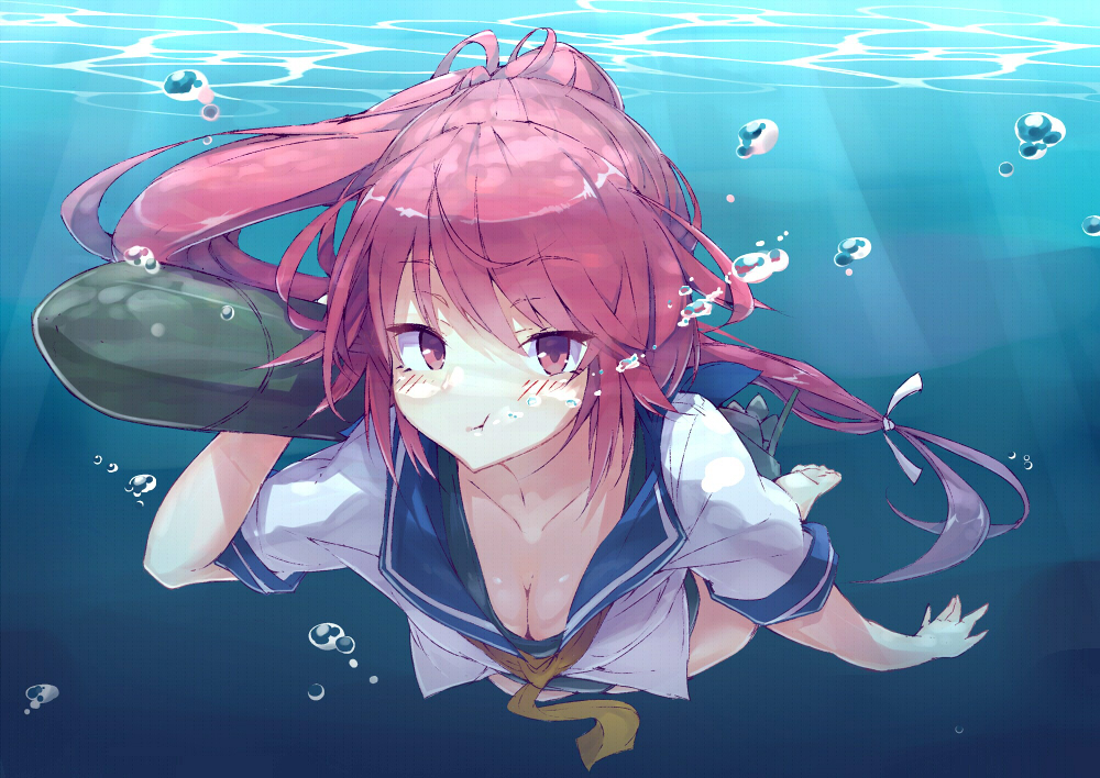 air_bubble barefoot blush breasts bubble cleavage freediving holding_breath i-168_(kantai_collection) kantai_collection long_hair looking_at_viewer medium_breasts one-piece_swimsuit ponytail puffy_cheeks red_eyes red_hair school_swimsuit school_uniform serafuku solo swimming swimsuit swimsuit_under_clothes torpedo underwater wet wet_clothes yuui_hutabakirage