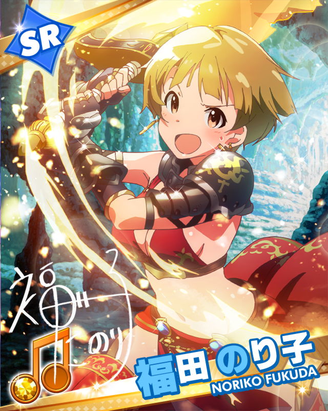 :o armor artist_request beamed_eighth_notes blonde_hair breasts brown_eyes card_(medium) character_name character_signature cleavage earrings fukuda_noriko idolmaster idolmaster_million_live! jewelry jpeg_artifacts medium_breasts musical_note official_art v-shaped_eyebrows weapon