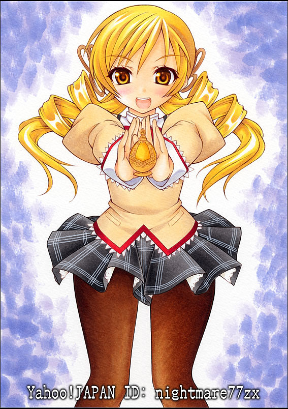 artist_name blonde_hair blush drill_hair long_hair looking_at_viewer mahou_shoujo_madoka_magica nightmare77zx open_mouth pantyhose plaid plaid_skirt school_uniform skirt solo soul_gem tomoe_mami traditional_media twin_drills twintails yellow_eyes