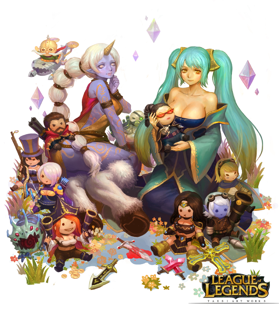 :x aqua_hair armlet ashe_(league_of_legends) bare_shoulders black_sclera blue_skin breasts caitlyn_(league_of_legends) character_doll cleavage collarbone corki dagger detached_sleeves ezreal hooves horn kog'maw large_breasts league_of_legends lips long_hair malcolm_graves multi-tied_hair multiple_girls sarah_fortune seiza shauna_vayne sitting sivir smile sona_buvelle soraka sword taemin_park tattoo tristana twintails urgot very_long_hair weapon white_hair wristband yellow_eyes