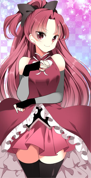 bare_shoulders bow commentary english_commentary fingerless_gloves gloves hair_bow long_hair looking_at_viewer magical_girl mahou_shoujo_madoka_magica ponytail red_eyes red_hair roh_nam_kyung sakura_kyouko skirt smile solo thighhighs zettai_ryouiki