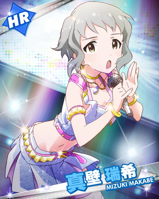:o armlet artist_request bracelet character_name choker crop_top grey_hair idolmaster idolmaster_million_live! jewelry looking_at_viewer makabe_mizuki microphone million_dreams music navel necklace official_art short_hair singing skirt stage_lights yellow_eyes