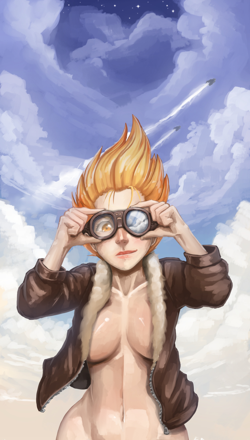 bad_id bad_tumblr_id bomber_jacket bottomless breasts cloud cloudy_sky goggles highres jacket large_breasts light_smile lips my_little_pony my_little_pony_friendship_is_magic naked_coat navel nose open_clothes open_jacket orange_eyes orange_hair personification pointy_hair reflection sky solo spitfire_(my_little_pony) star_(sky) starry_sky whistle_frog wide_hips