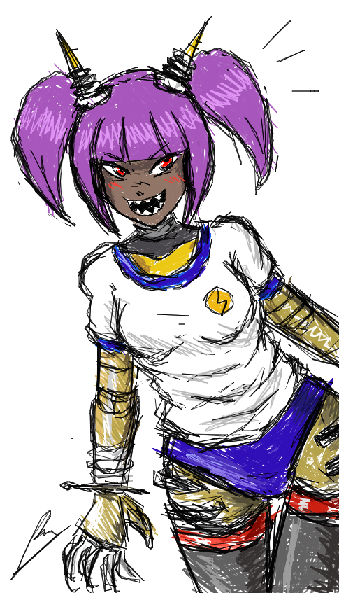 alternate_costume antennae blush borockman breasts buruma dark_skin dynatron_(mighty_no._9) gym_uniform mighty_no._3 mighty_no._9 purple_hair red_eyes robot robot_joints sharp_teeth short_hair short_twintails sketch small_breasts solo teeth thighhighs twintails