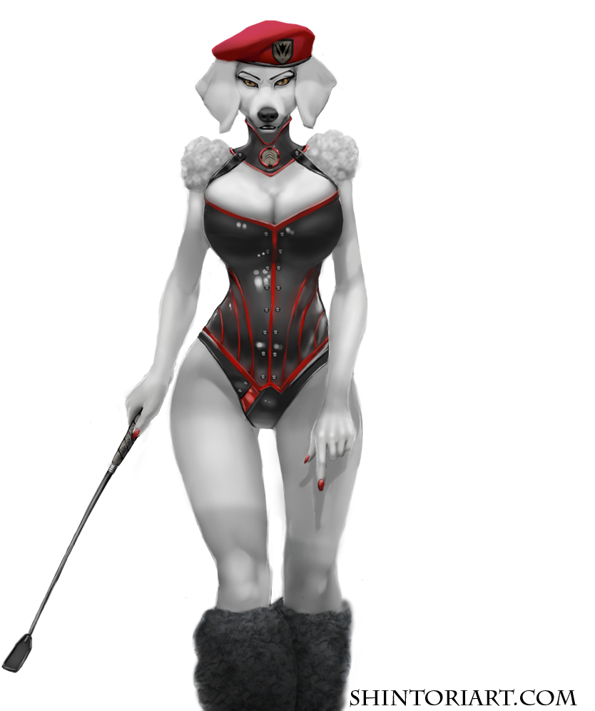 big_breasts black_nose breasts brown_eyes canine cleavage clothed clothing corset dog edit female fur hat leather looking_at_viewer mammal poodle riding_crop rope rubber shintori solo voluptuous white_fur