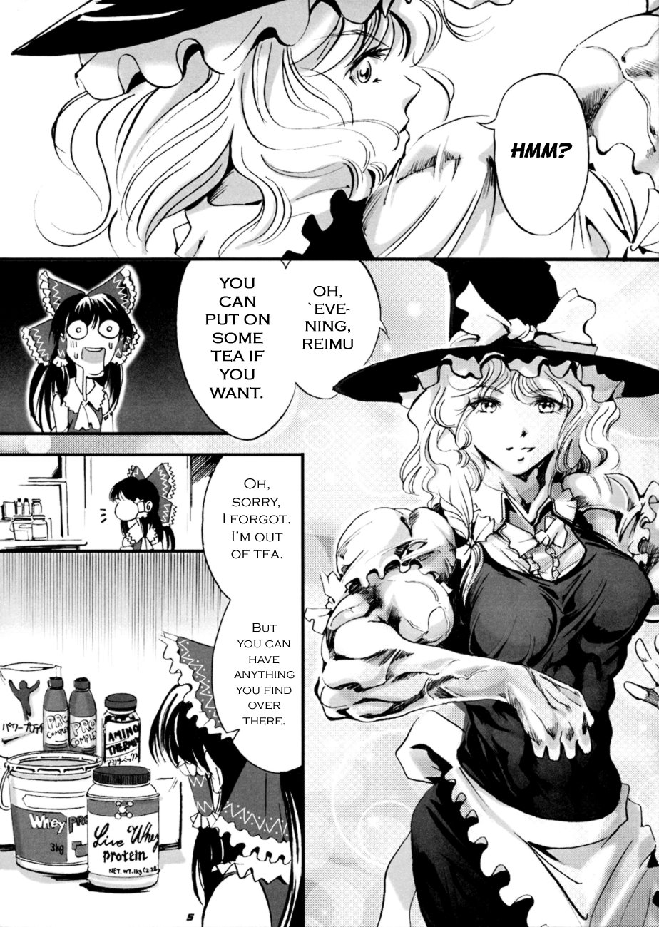 apron ascot bow cho_marisa comic detached_sleeves dress drooling frills greyscale hair_bow hair_ribbon hair_tubes hakurei_reimu hard_translated hat highres kirisame_marisa monochrome multiple_girls muscle open_mouth puffy_sleeves ribbon shocked_eyes touhou translated veins wi-z_garage witch_hat