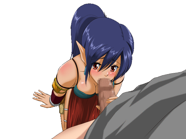 1boy 1girl animated animated_gif blue_hair blush breasts censored cleavage eyes_closed fellatio green_eyes kneeling looking_up mosaic_censoring oral penis pointy_ears ponytail red_eyes simple_background sitting white_background