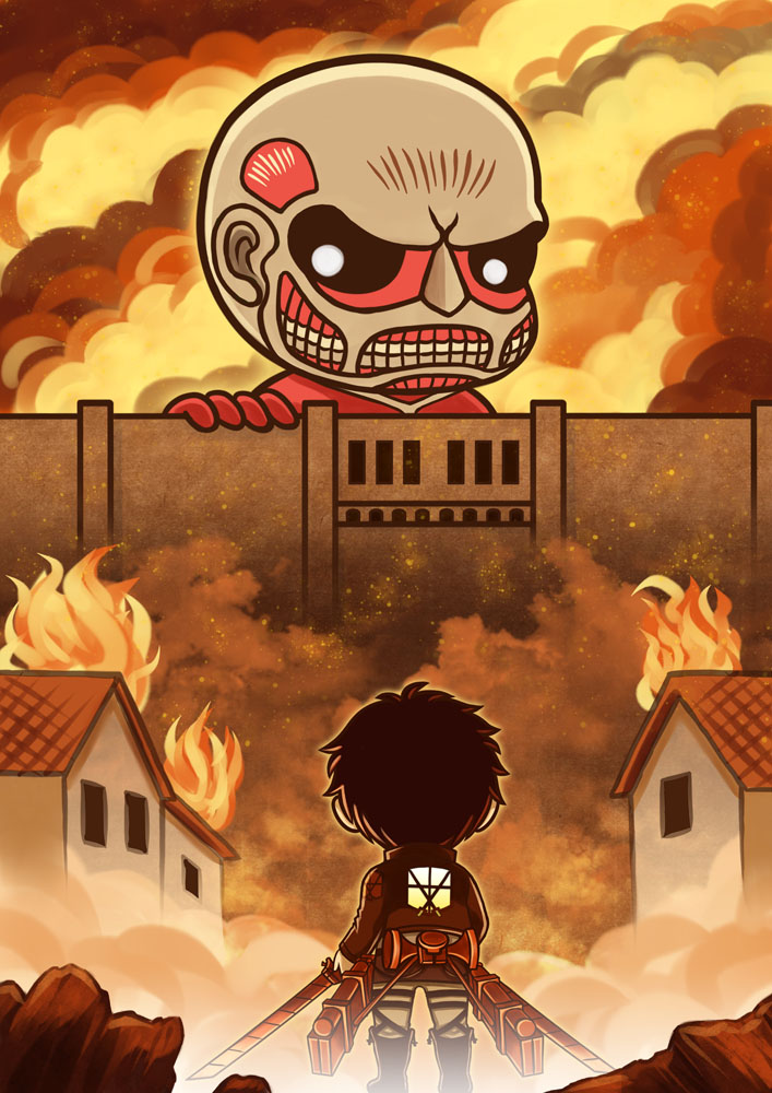 a_grim_reminder angry back belt black_sclera blade boots brown_hair chibi colossal_titan dual_wielding emblem eren_yeager fire flame from_behind holding house jacket multiple_boys paradis_military_uniform parody rubble shingeki_no_kyojin short_hair smoke three-dimensional_maneuver_gear titan_(shingeki_no_kyojin) training_corps_(emblem) uniform wall weapon windgun