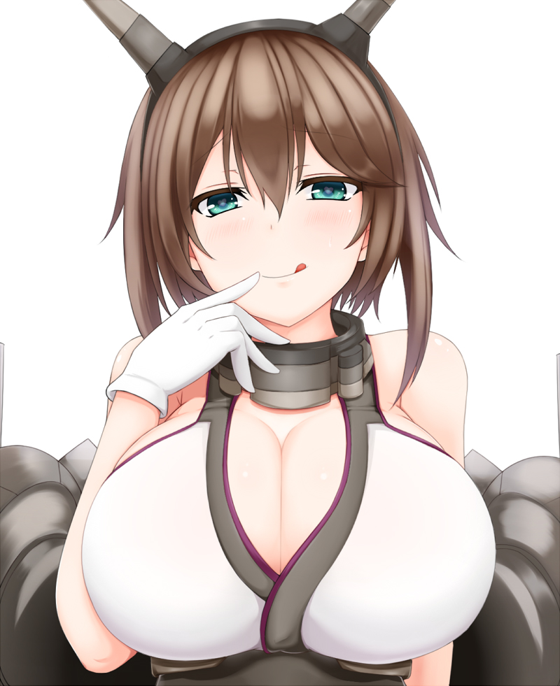 blue_eyes breasts brown_hair finger_to_mouth huge_breasts kantai_collection licking_lips mhf4 mutsu_(kantai_collection) short_hair solo tongue tongue_out