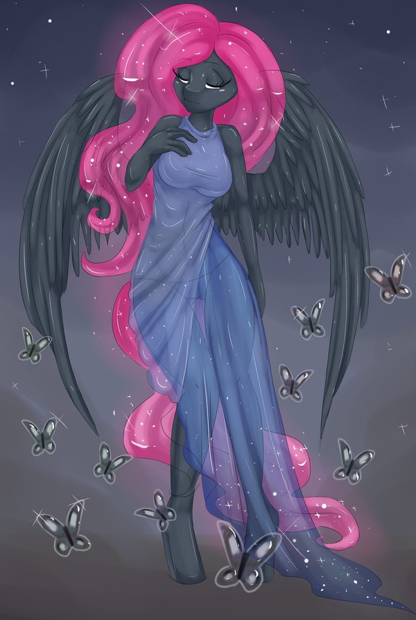anthro anthrofied arthropod black_fur blue_bottomwear blue_topwear butterfly clothing dress equine eyelashes female fluttershy_(mlp) friendship_is_magic fur grey_feathers grey_skin hair half-closed_eyes horse insect long_hair mammal misukitty my_little_pony night night_sky no_pupils panties pegasus pink_hair pony shiny solo sparkles standing stars translucent translucent_hair transparent_bottomwear transparent_clothing transparent_hair transparent_topwear underwear white_eyes wings