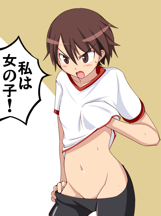 1girl angry artist_request blush brown_eyes brown_hair collarbone flat_chest girls_und_panzer isobe_noriko navel open_mouth reverse_trap shirt_lift short_hair small_breasts stomach sweat tanaka_rikimaru tomboy translated