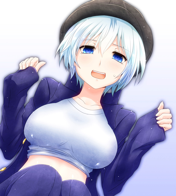 blue_eyes breasts character_request gradient gradient_background hat large_breasts open_clothes open_mouth open_shirt rip-off_(manga) shirt short_hair solo watarui white_hair