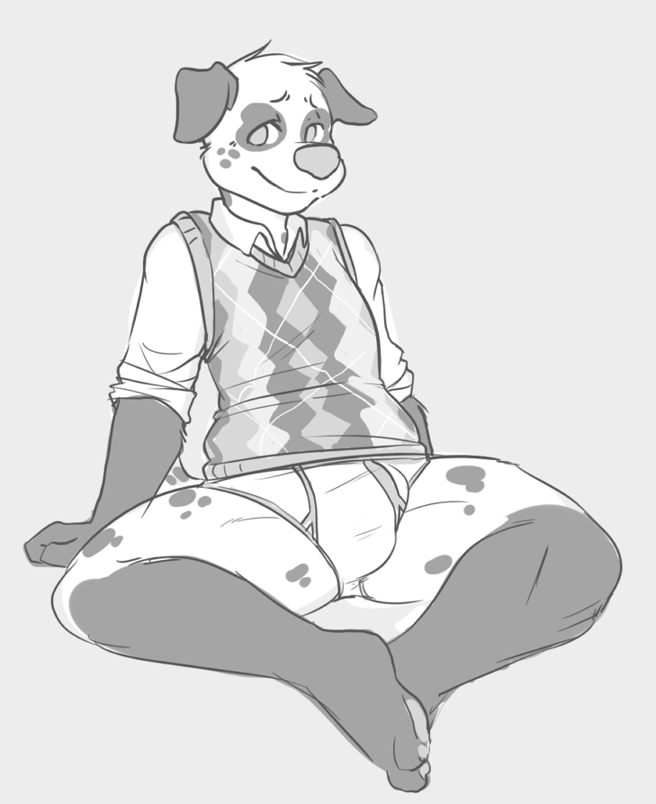 briefs bulge canine dalmatian dog greyscale looking_at_viewer male mammal monochrome paperclip_(artist) sitting solo underwear