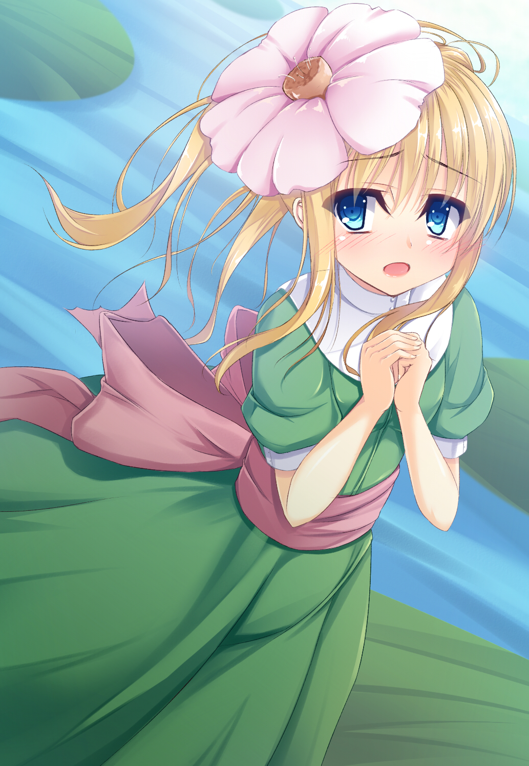 bad_id bad_pixiv_id blonde_hair blue_eyes bow dress flower green_dress hair_flower hair_ornament hands_clasped highres lily_pad long_hair original own_hands_together solo takuma_ss water