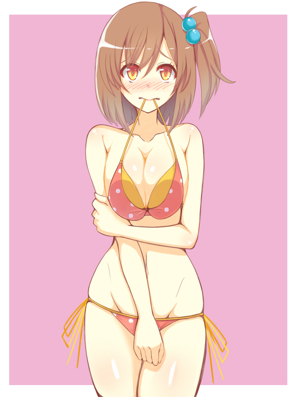 bikini breasts brown_eyes brown_hair cleavage large_breasts mouth_hold original q_(a72pgc) short_hair side_ponytail solo swimsuit