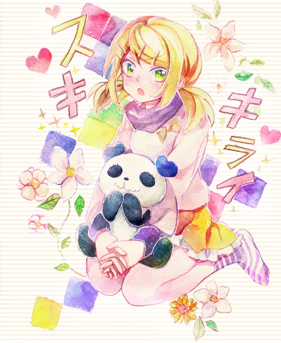 alternate_hairstyle bad_id bad_pixiv_id blonde_hair green_eyes hair_ornament hairclip kagamine_rin muro_(iku2727) open_mouth panda scarf seiza short_hair short_twintails sitting skirt socks solo striped striped_legwear stuffed_animal stuffed_toy suki_kirai_(vocaloid) teddy_bear twintails vocaloid