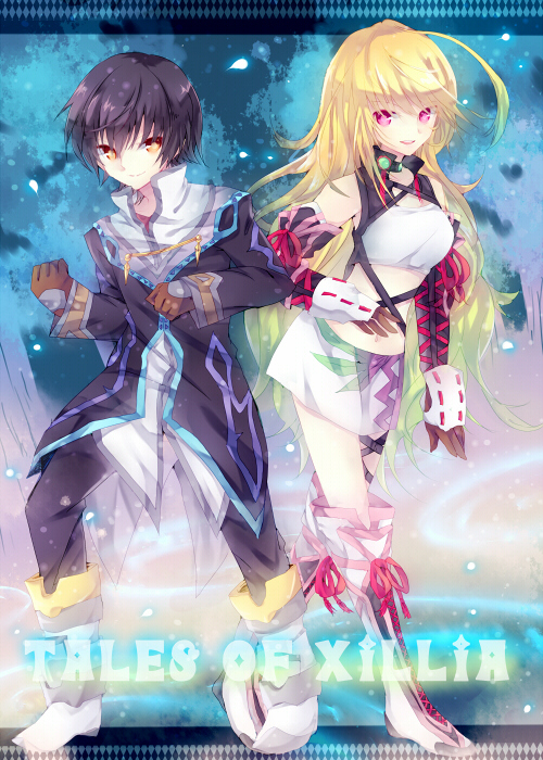 1girl ahoge black_hair blonde_hair boots coat copyright_name cross-laced_footwear gloves gradient_hair green_hair jude_mathis lace-up_boots long_hair midriff milla_maxwell multicolored_hair navel nonaka red_eyes short_hair skirt smile tales_of_(series) tales_of_xillia yellow_eyes
