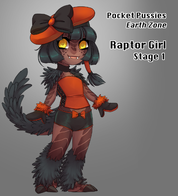 beret brown_skin claws clothing dinosaur fangs feather female flat_chested foervraengd gloves hat pocket_pussies raptor scalie shorts solo yellow_eyes