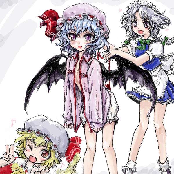 ankle_socks apron bare_legs bat_wings blonde_hair bloomers blue_hair bow braid double_v fang fingernails flandre_scarlet gradient gradient_background hair_bow hat hat_ribbon heart izayoi_sakuya maid_headdress mob_cap multiple_girls nanashii_(soregasisan) no_pants one_eye_closed open_clothes open_mouth open_shirt pajamas photobomb puffy_short_sleeves puffy_sleeves purple_eyes red_eyes remilia_scarlet ribbon shirt short_hair short_sleeves side_ponytail silver_hair skirt skirt_set sleeves_past_wrists slit_pupils star symbol-shaped_pupils touhou twin_braids underwear v waist_apron wings