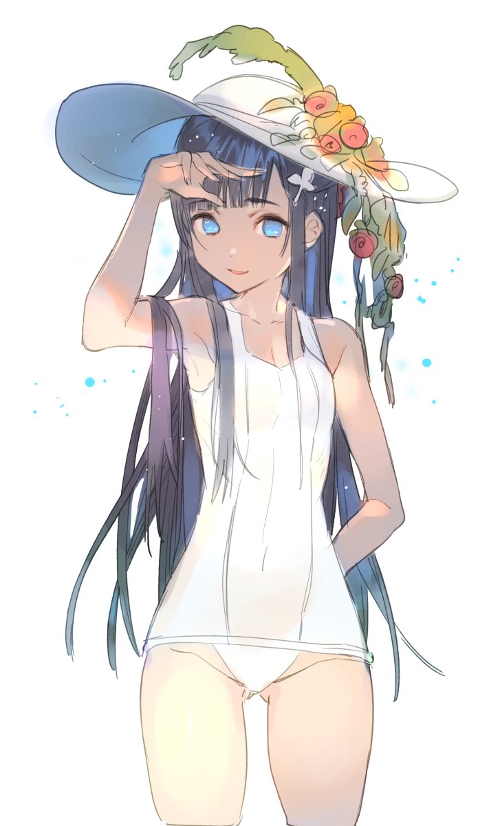 arm_behind_back ass_visible_through_thighs bangs blue_eyes blunt_bangs commentary_request covered_navel cowboy_shot eyebrows_visible_through_hair flower gluteal_fold hair_ornament hand_up hat hat_flower highres koyoi_mitsuki long_hair looking_at_viewer one-piece_swimsuit original parted_lips sketch smile solo standing sun_hat swimsuit white_background white_hat white_swimsuit
