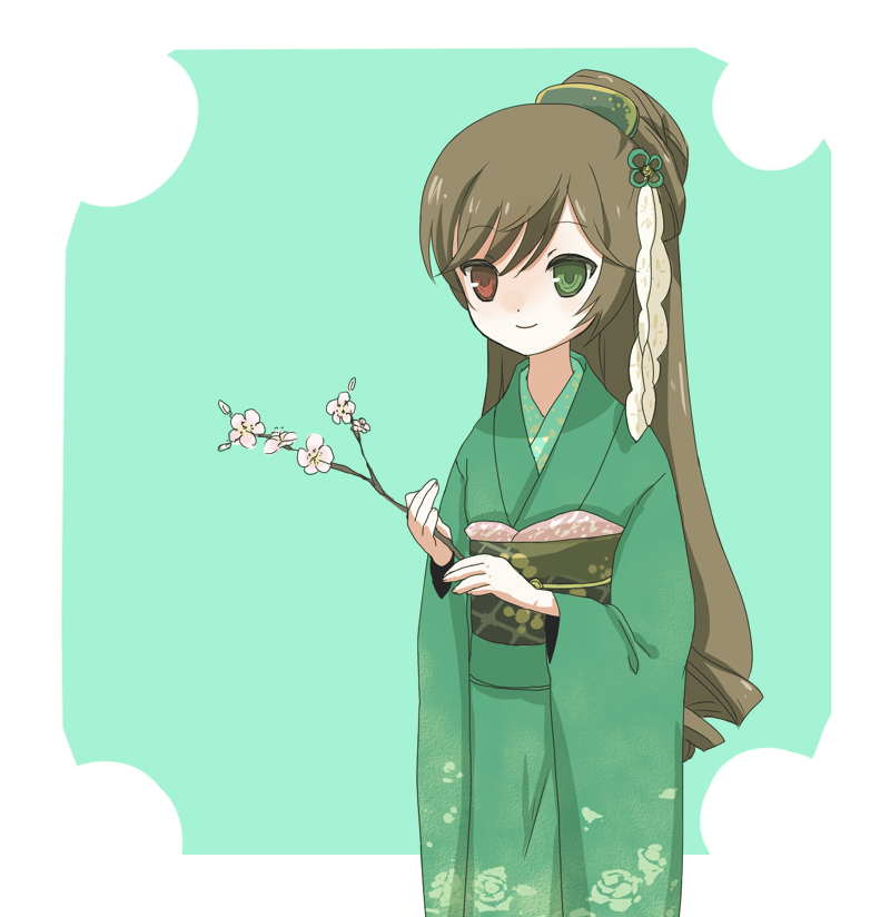 alternate_costume alternate_hairstyle bad_id bad_pixiv_id brown_hair cherry_blossoms heterochromia ica japanese_clothes long_hair rozen_maiden solo suiseiseki