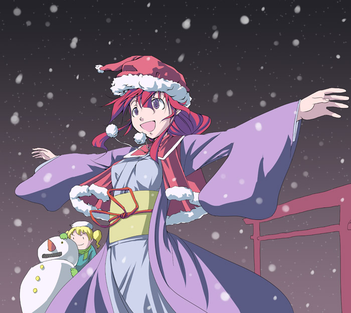 gloves hat kitashirakawa_chiyuri kotohime multiple_girls purple_eyes rebanira red_hair snow snowman torii touhou touhou_(pc-98)