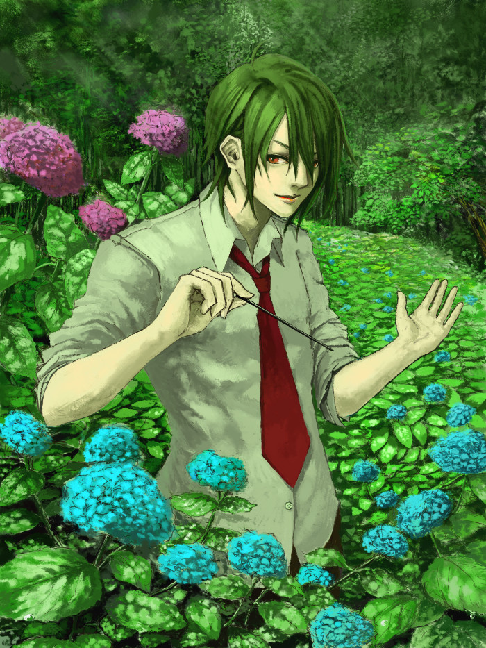 bad_id bad_pixiv_id buttons copyright_request dress_shirt flower green green_hair kunimura_hakushi male_focus necktie red_eyes shadow shirt solo wand