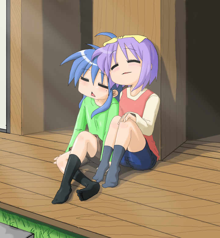 ahoge blue_hair hiiragi_tsukasa izumi_konata long_hair lucky_star mole mole_under_eye multiple_girls non-web_source purple_hair short_hair sleeping socks twintails