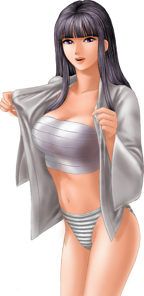 aoyama_motoko black_hair breasts cleavage highres hime_cut large_breasts long_hair love_hina navel open_clothes open_shirt panties purple_eyes sarashi shirt solo source_request striped striped_panties toten_(der_fuhrer) underwear
