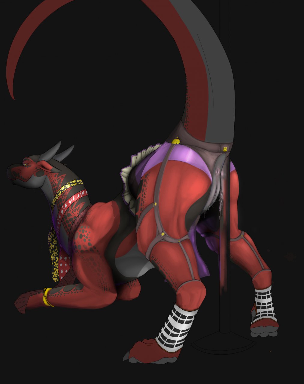 dragon evalion female feral horn loincloth pussy pussy_juice raised_tail scalie solo work_in_progress