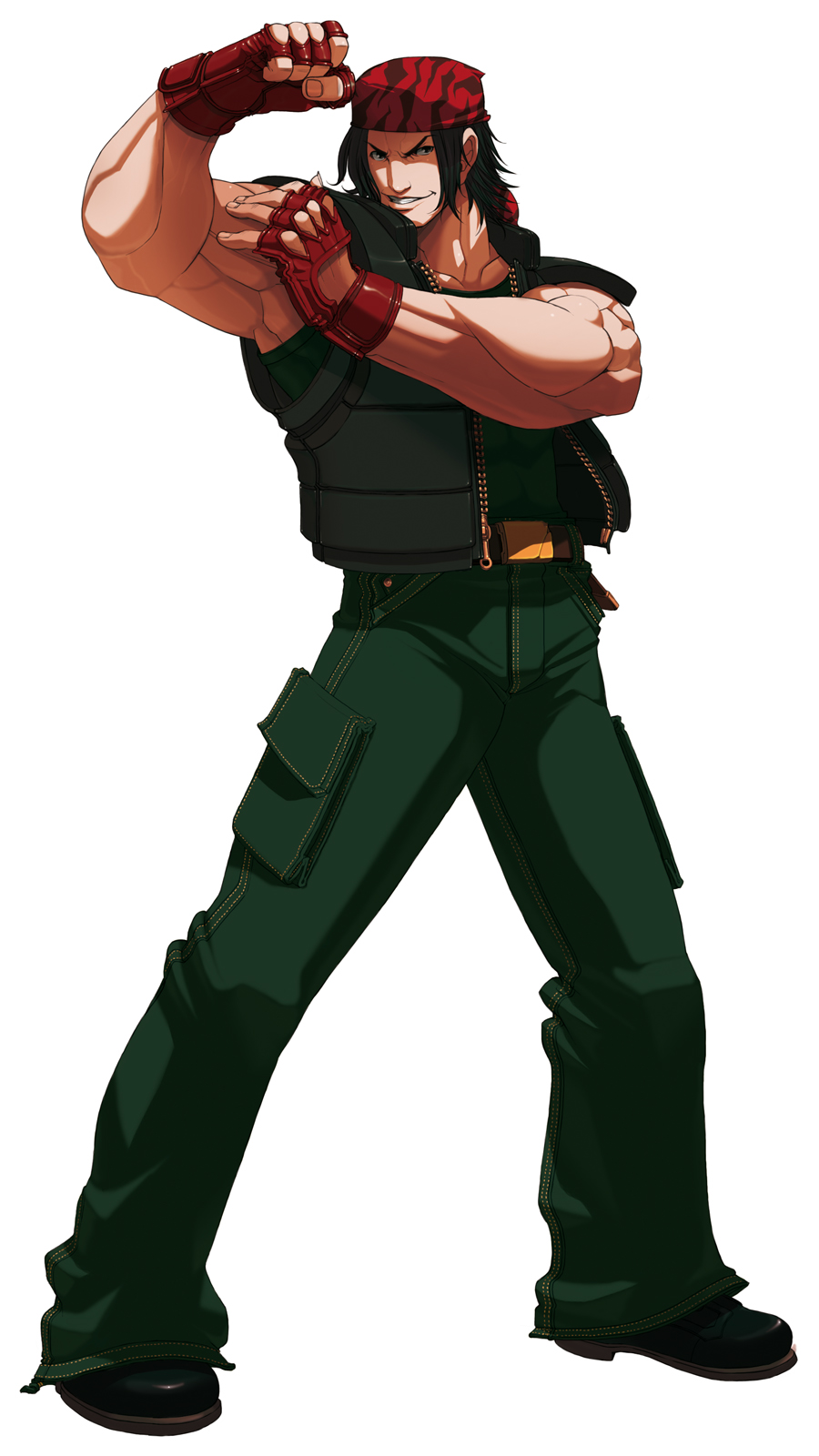 bandana belt_buckle black_hair boots buckle cargo_pants clenched_hand falcoon fingerless_gloves gloves highres male_focus muscle official_art open_clothes open_vest pants pose ralf_jones sleeveless snk solo the_king_of_fighters the_king_of_fighters_2003 vest