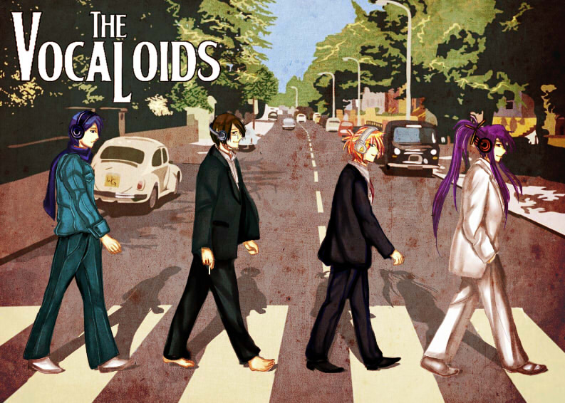 abbey_road album_cover bangs barefoot blue_scarf car copyright_name cover crosswalk day formal glasses ground_vehicle hair_ornament hairclip hands_in_pockets headphones hiyama_kiyoteru kagamine_len kaito kamui_gakupo lamppost looking_at_viewer male_focus motor_vehicle multiple_boys parody parted_bangs paulie1143 ponytail road scarf shadow shoes sidelocks sky street suit the_beatles tree vocaloid
