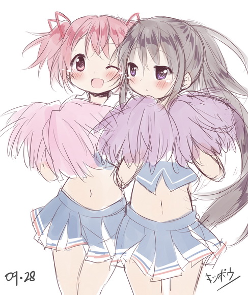 ;d akemi_homura black_hair blue_skirt blush cheerleader gleision_adain hairband kaname_madoka kneehighs long_hair looking_at_another looking_at_viewer looking_to_the_side mahou_shoujo_madoka_magica midriff multiple_girls navel one_eye_closed open_mouth pink_eyes pink_hair pleated_skirt pom_poms purple_eyes ribbon short_hair short_twintails simple_background skirt smile standing stomach twintails white_background
